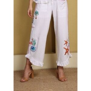 Avani Del Amour White Ocean Themed Embroidered Palazzo Pant Women's M 8-10